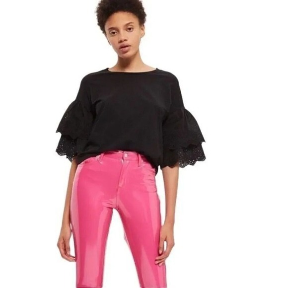 Topshop Ruffle Sleeve Top Black Lace Trim Short Sleeve Blouse‎ US 2 - Picture 1 of 7